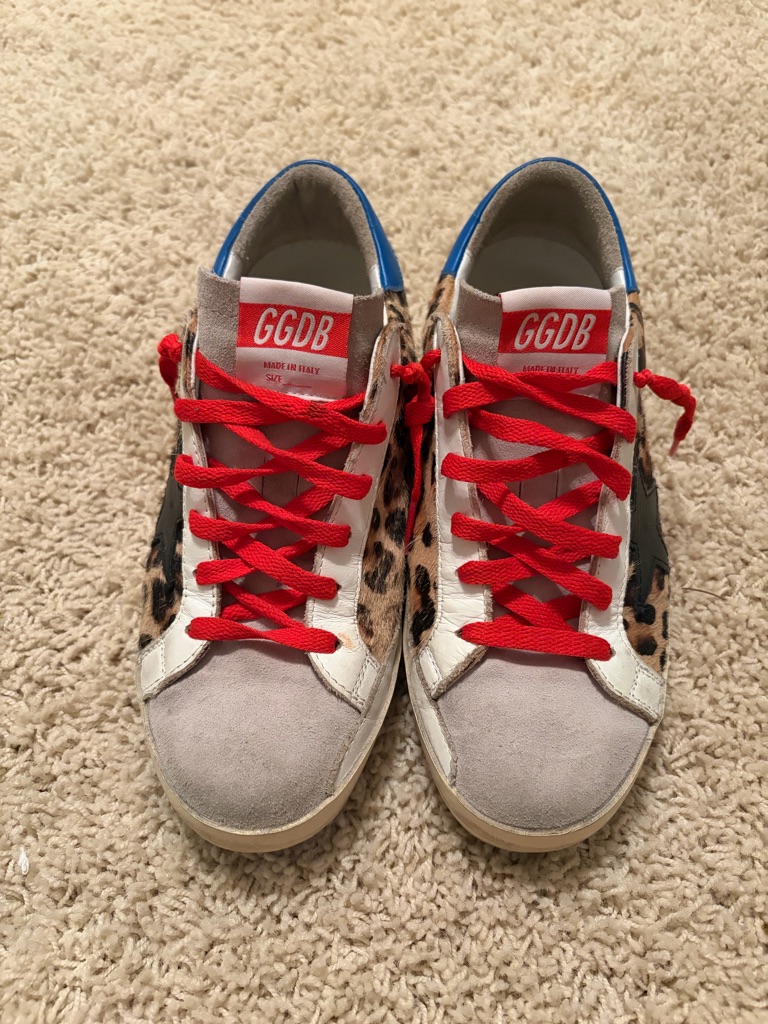 Golden Goose Leopard Print Superstar Sneakers With Black Star And Blue Heel